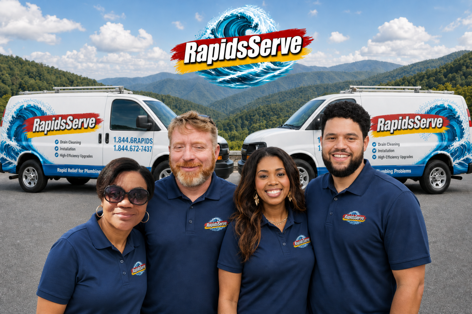 The RapidsServe family — owners in uniform with company vans in the North Carolina mountains