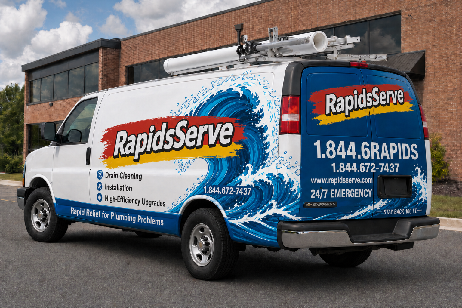 RapidsServe service van with 1-844-6RAPIDS and 1-844-672-7437 on the wrap